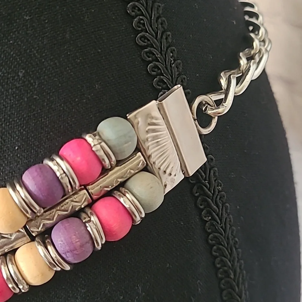 Multicolor Chain Belt Beaded Silver Medallion Artsy 80's Retro